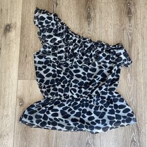 Kenar One Shoulder Black Silk Ruffle Blouse Sz L Animal Print Lined Exotic Flare